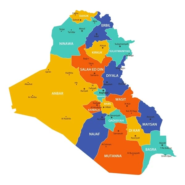 Map of Iraq showing the 18 states served by Kunuz Al-Hasad